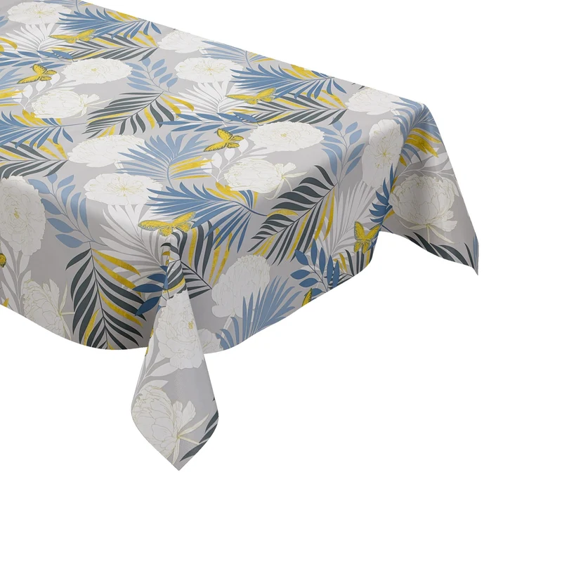 Wachstuch Tischdecke geprägt B6032-01 goldene Schmetterlinge und blaue Blätter auf grau eckig rund oval