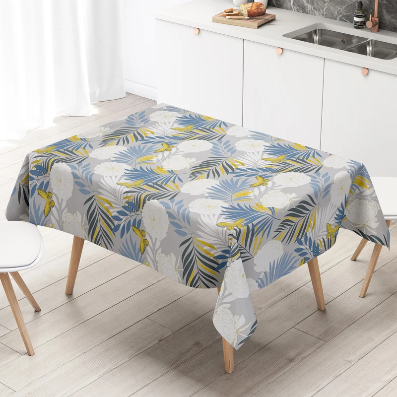 Wachstuch Tischdecke geprägt B6032-01 goldene Schmetterlinge und blaue Blätter auf grau eckig rund oval