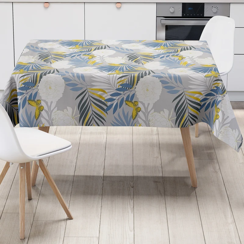 Wachstuch Tischdecke geprägt B6032-01 goldene Schmetterlinge und blaue Blätter auf grau eckig rund oval