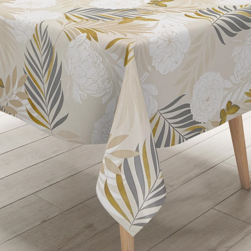 Wachstuch Tischdecke geprägt B6032-02 beige goldene Schmetterlinge Blüten Blätter eckig rund oval