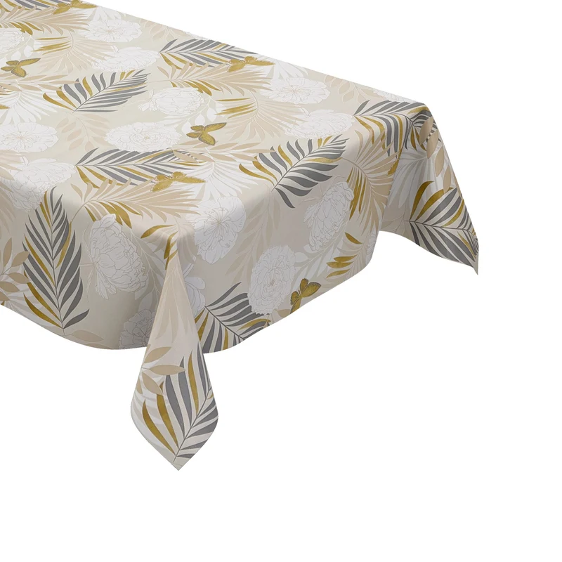 Wachstuch Tischdecke geprägt B6032-02 beige goldene Schmetterlinge Blüten Blätter eckig rund oval
