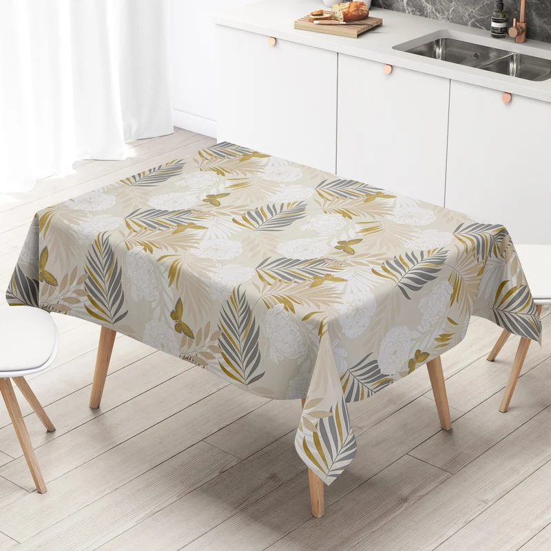 Wachstuch Tischdecke geprägt B6032-02 beige goldene Schmetterlinge Blüten Blätter eckig rund oval