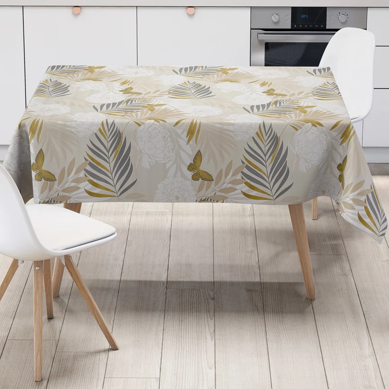 Wachstuch Tischdecke geprägt B6032-02 beige goldene Schmetterlinge Blüten Blätter eckig rund oval