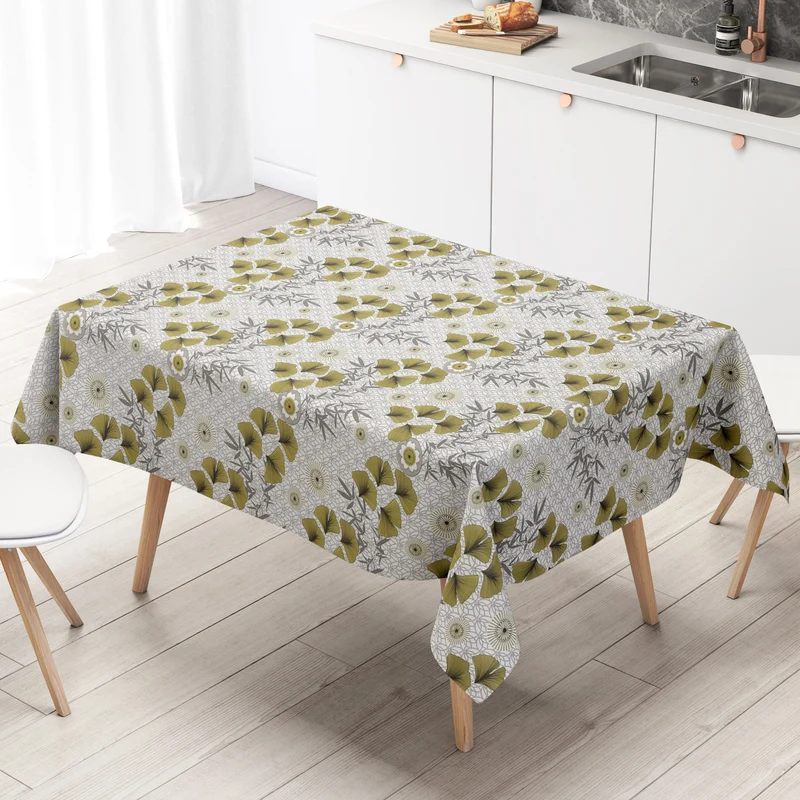 Wachstuch Tischdecke geprägt B6036-01 goldene Ginkgoblätter Blüten eckig rund oval
