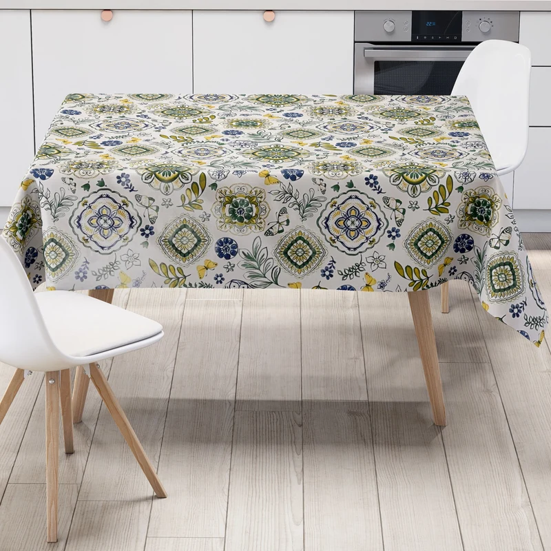 Wachstuch Tischdecke 160 cm Breite Übergröße B3013-02 Mandala Ornamente Blumen blau grün gelb eckig rund oval