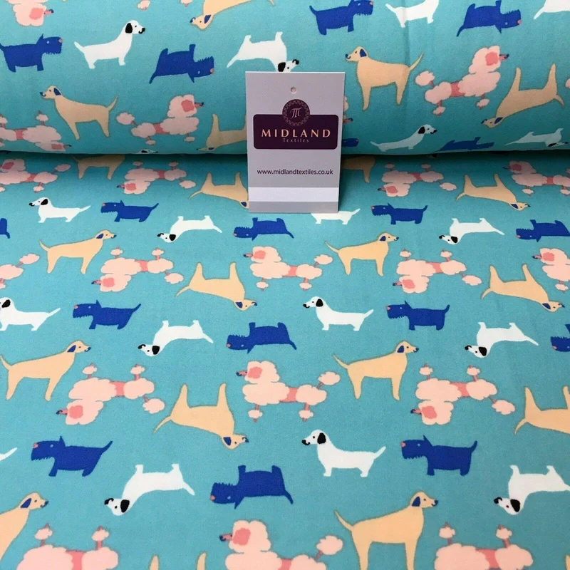 Aqua Assorted Dogs Printed Brushed Jersey Dress fabric 150cm Wide MK1106-6 Mtex