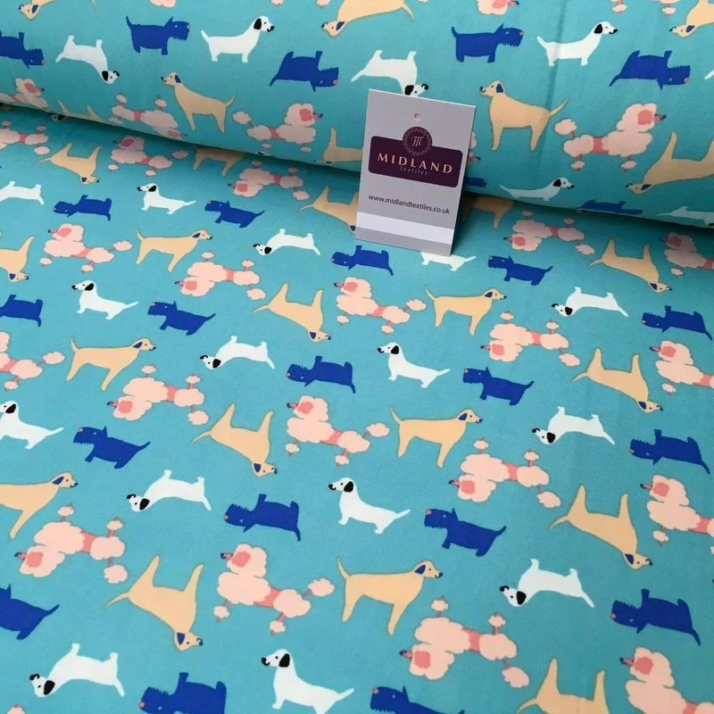 Aqua Assorted Dogs Printed Brushed Jersey Dress fabric 150cm Wide MK1106-6 Mtex