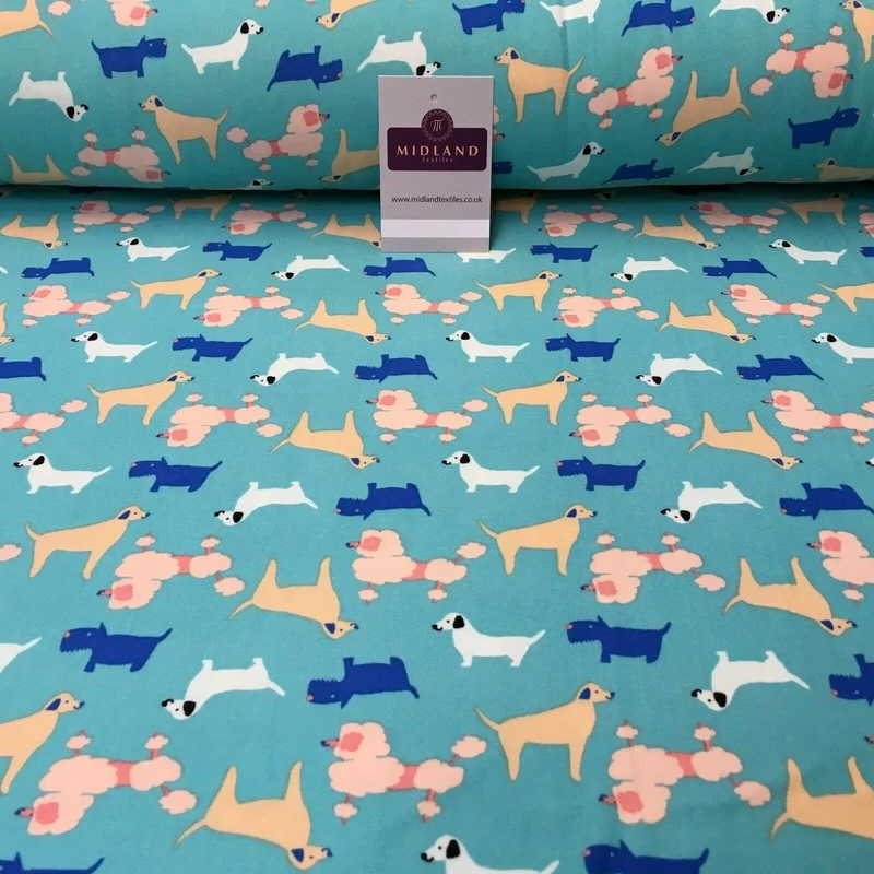 Aqua Assorted Dogs Printed Brushed Jersey Dress fabric 150cm Wide MK1106-6 Mtex