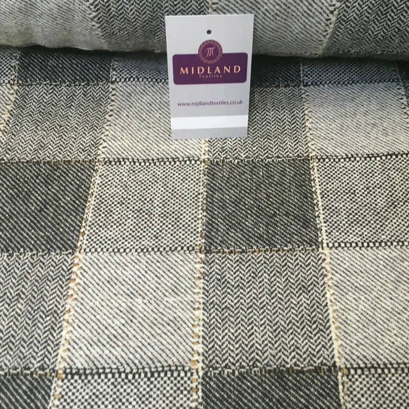 Cream & Black Check wool blend Melton Coating Poly Boucle Fabric 147 cm MK1194-6