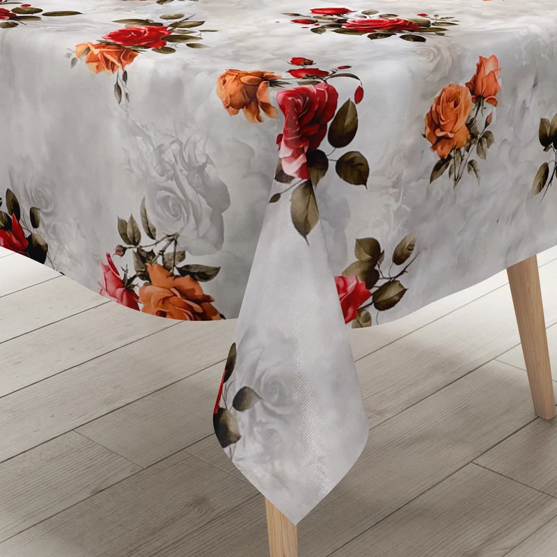 Wachstuch Tischdecke 01748-01 rote Rosen auf grau eckig rund oval