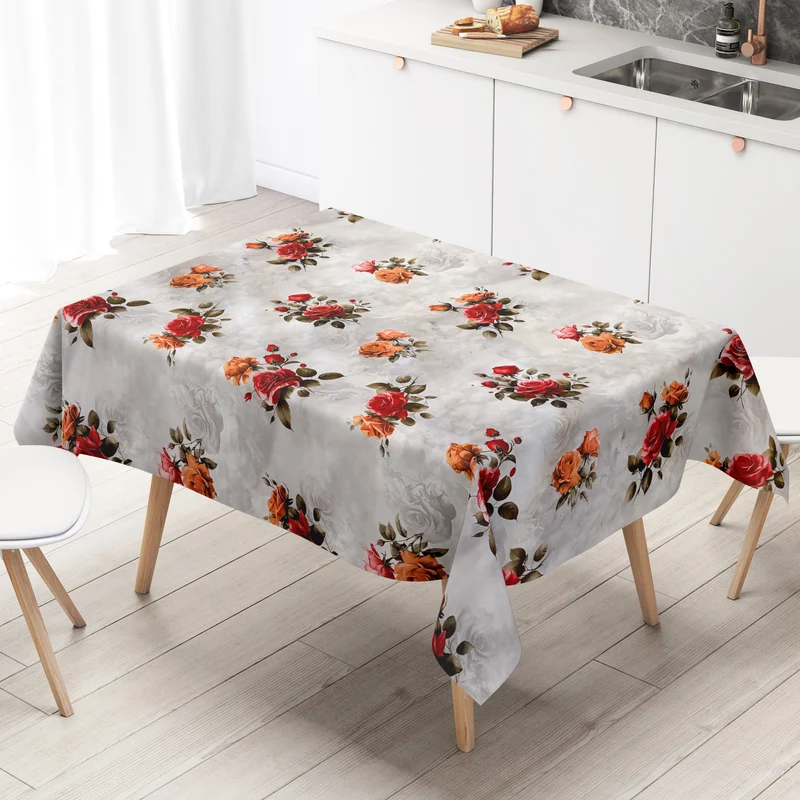 Wachstuch Tischdecke 01748-01 rote Rosen auf grau eckig rund oval