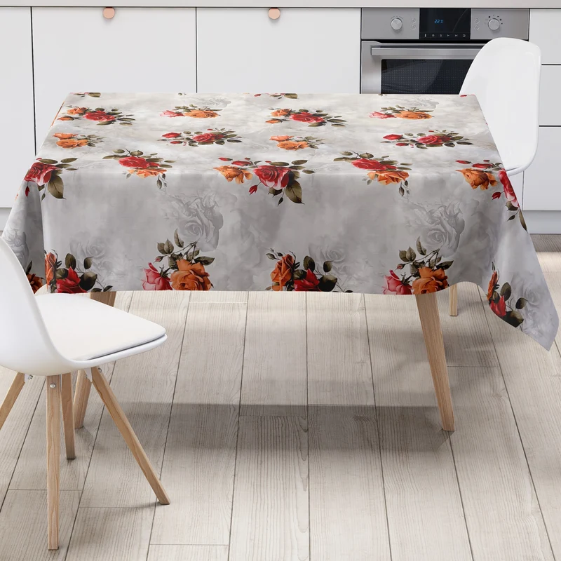 Wachstuch Tischdecke 01748-01 rote Rosen auf grau eckig rund oval