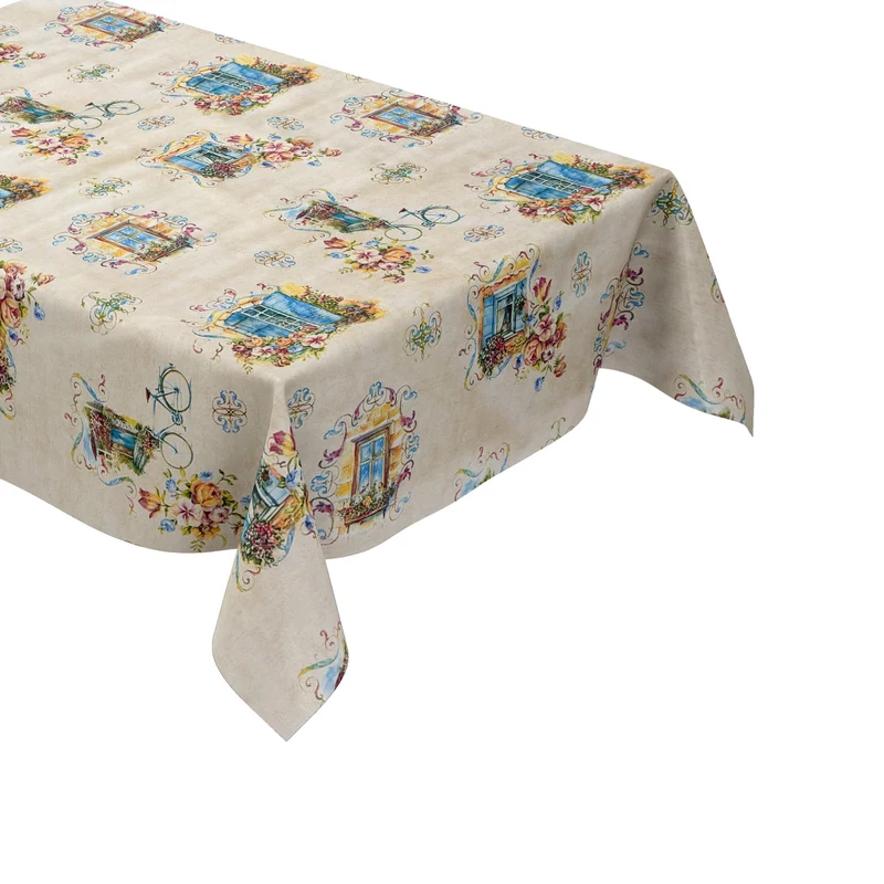 Wachstuch Tischdecke 06310-01 beige Fenster Fahrrad Blumen mediterran eckig rund oval