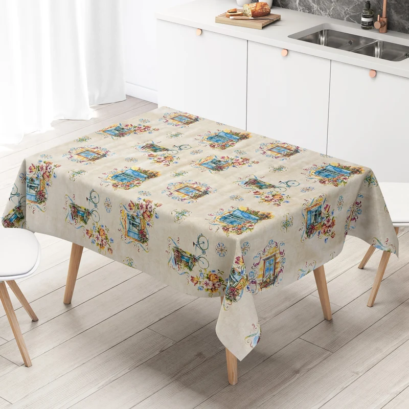 Wachstuch Tischdecke 06310-01 beige Fenster Fahrrad Blumen mediterran eckig rund oval