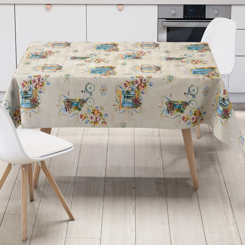Wachstuch Tischdecke 06310-01 beige Fenster Fahrrad Blumen mediterran eckig rund oval