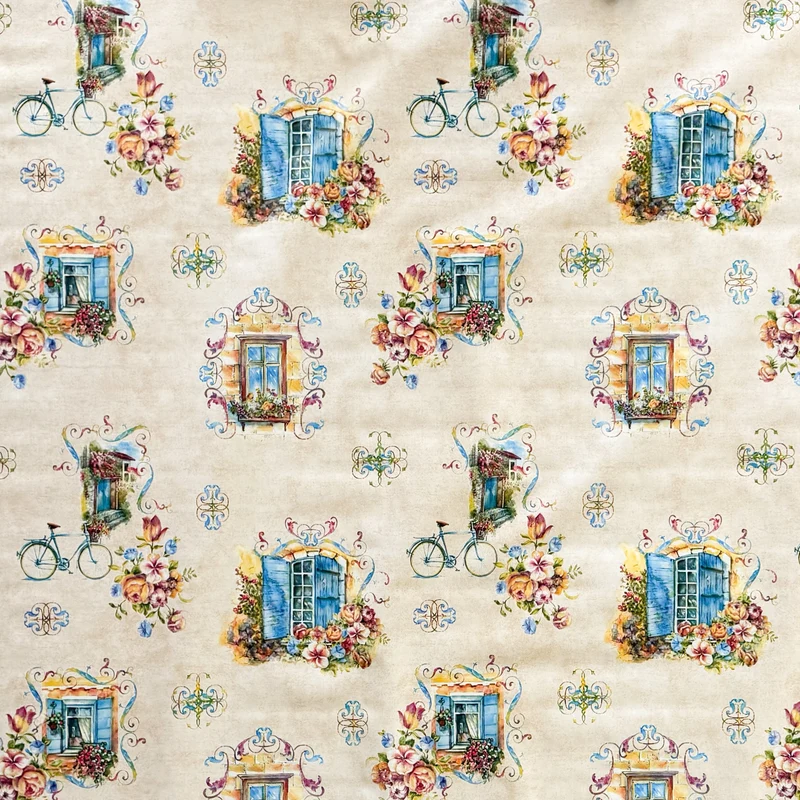 Wachstuch Tischdecke 06310-01 beige Fenster Fahrrad Blumen mediterran eckig rund oval