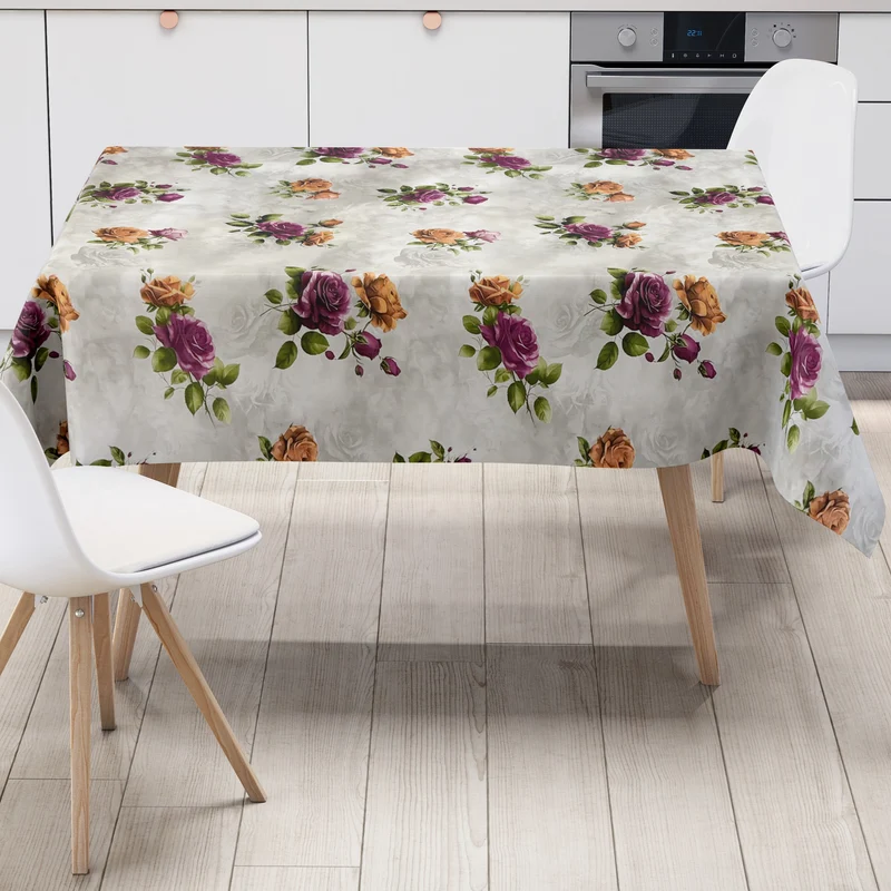 Wachstuch Tischdecke 01748-02 lila Rosen auf grau eckig rund oval