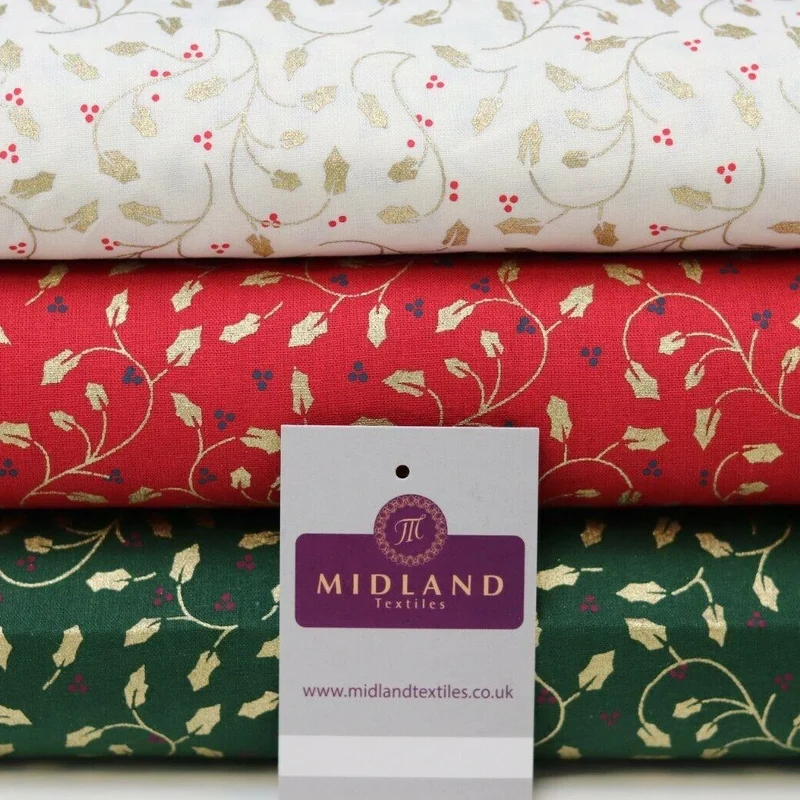 Vintage Christmas Holly Berries 100% Cotton Gold foil Fabric 114 cm MK1221 Mtex