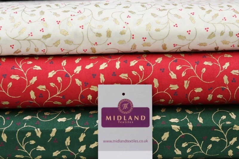 Vintage Christmas Holly Berries 100% Cotton Gold foil Fabric 114 cm MK1221 Mtex