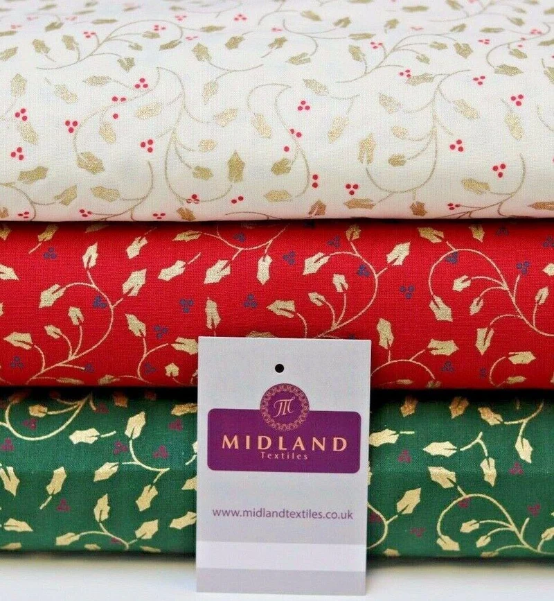 Vintage Christmas Holly Berries 100% Cotton Gold foil Fabric 114 cm MK1221 Mtex