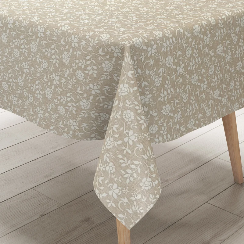 Wachstuch Tischdecke geprägt P1002-1 beige Leinenoptik Rosen Blumenranken eckig rund oval