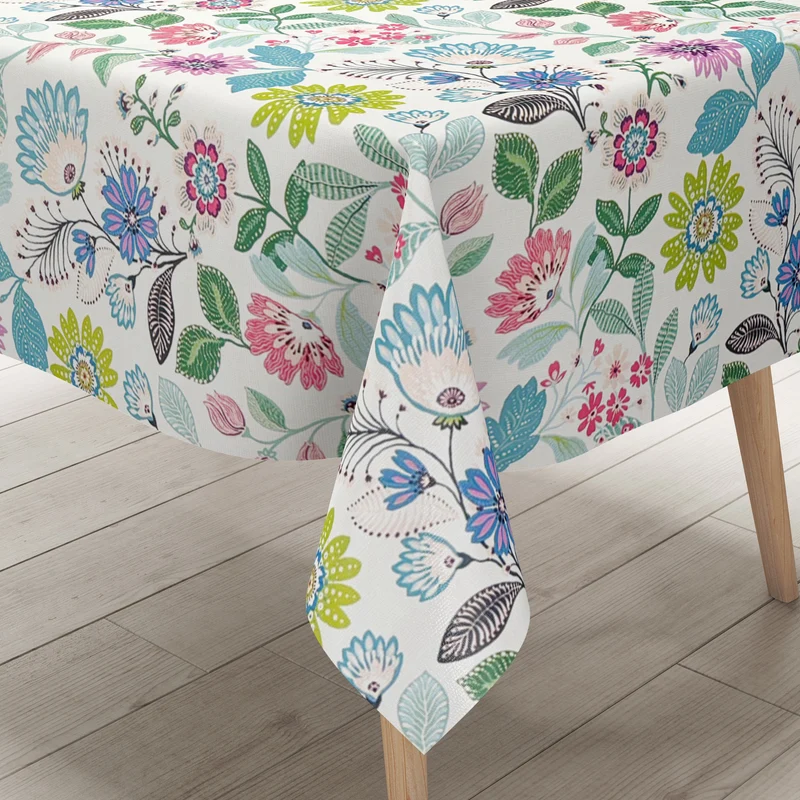 Wachstuch Tischdecke geprägt P8252-1 weiß bunte Blumenwiese modern eckig rund oval