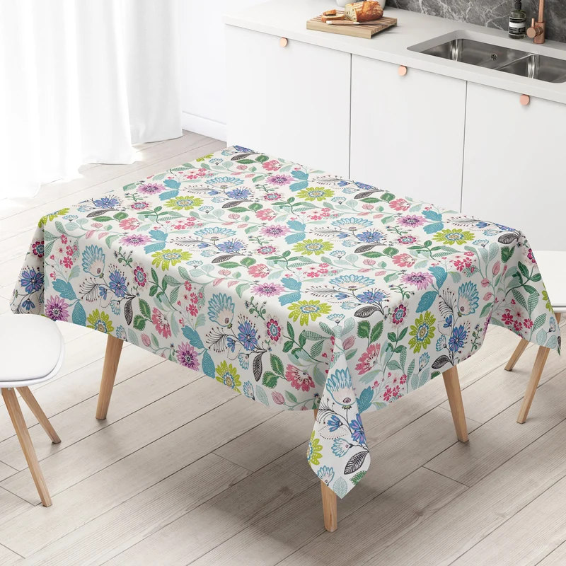 Wachstuch Tischdecke geprägt P8252-1 weiß bunte Blumenwiese modern eckig rund oval