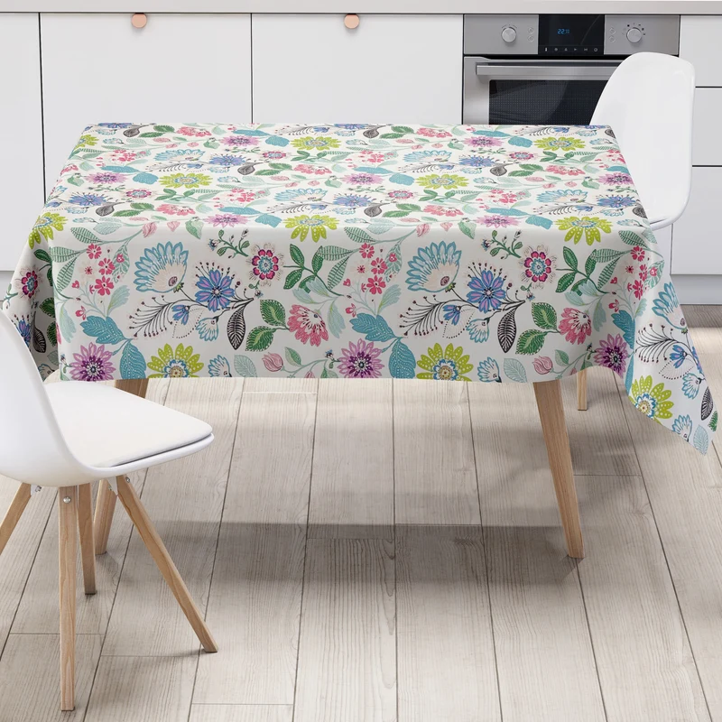 Wachstuch Tischdecke geprägt P8252-1 weiß bunte Blumenwiese modern eckig rund oval