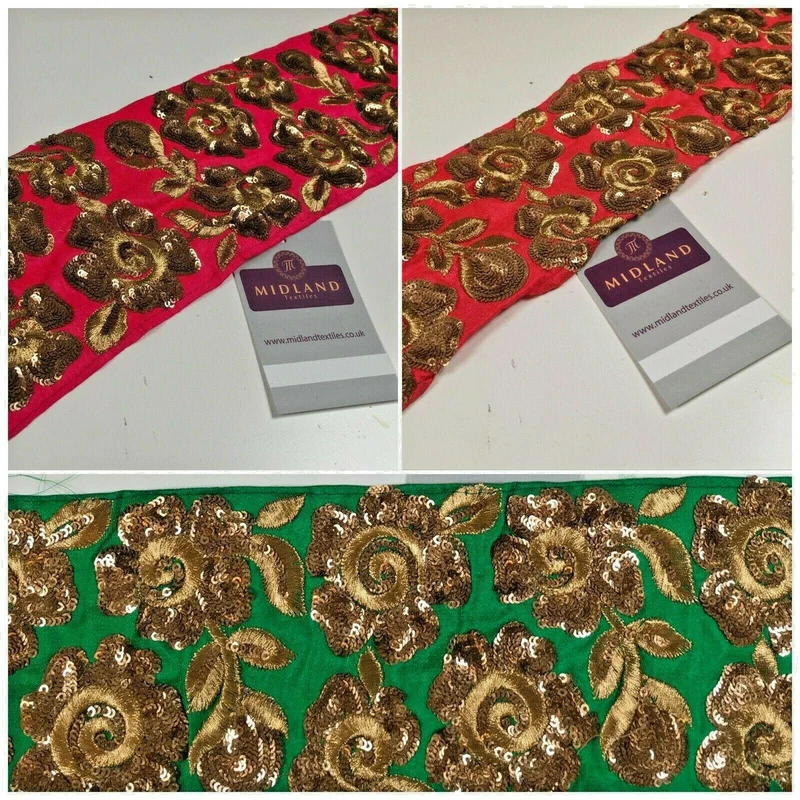 Raw Silk Antique Gold floral embroidered border sari-upholstery edging M1347