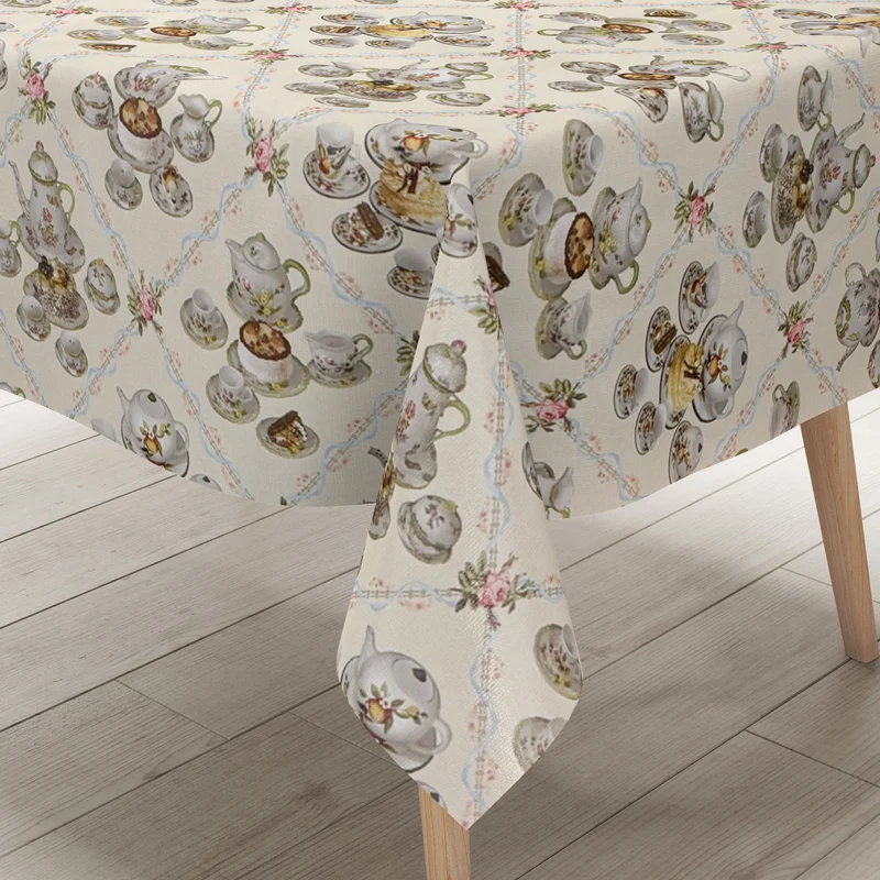Wachstuch Tischdecke K36A beige Kaffeeservice Torten Rosen Küchenmotiv eckig rund oval