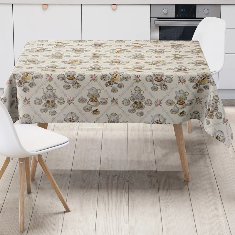 Wachstuch Tischdecke K36A beige Kaffeeservice Torten Rosen Küchenmotiv eckig rund oval
