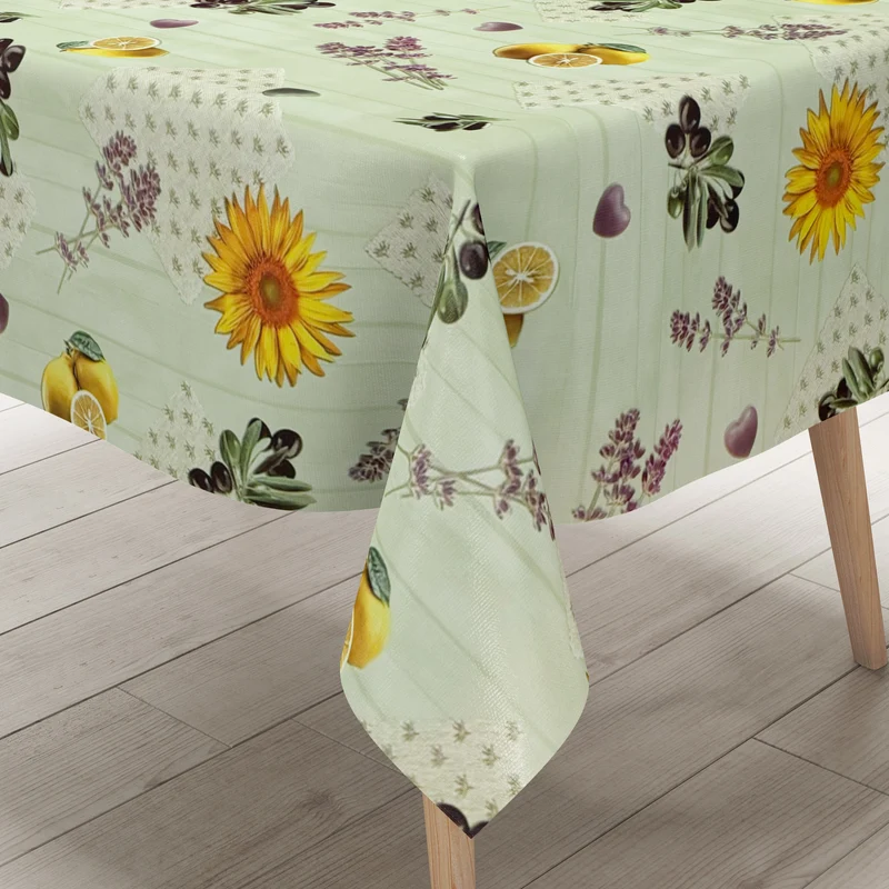 Wachstuch Tischdecke K235C mintgrün Sonnenblume Olive Lavendel Holz eckig rund oval