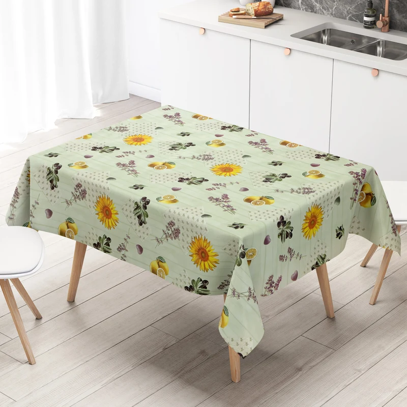 Wachstuch Tischdecke K235C mintgrün Sonnenblume Olive Lavendel Holz eckig rund oval