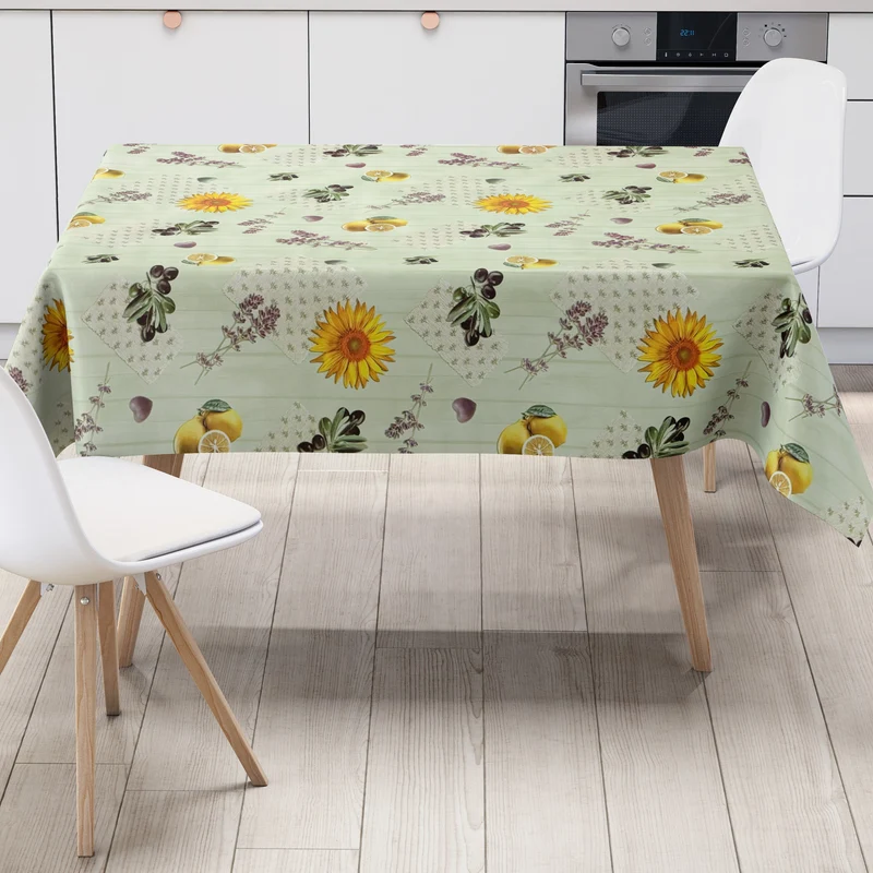 Wachstuch Tischdecke K235C mintgrün Sonnenblume Olive Lavendel Holz eckig rund oval