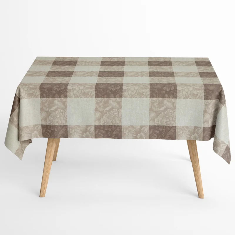Jacquard Tischdecke beschichtete Baumwolle 160 cm Breite MILLET TAUPE Karo Blüten eckig rund oval