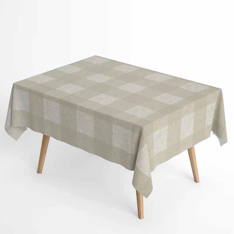 Jacquard Tischdecke beschichtete Baumwolle 160 cm Breite MILLET BLANCO beige Karo Blüten eckig rund oval