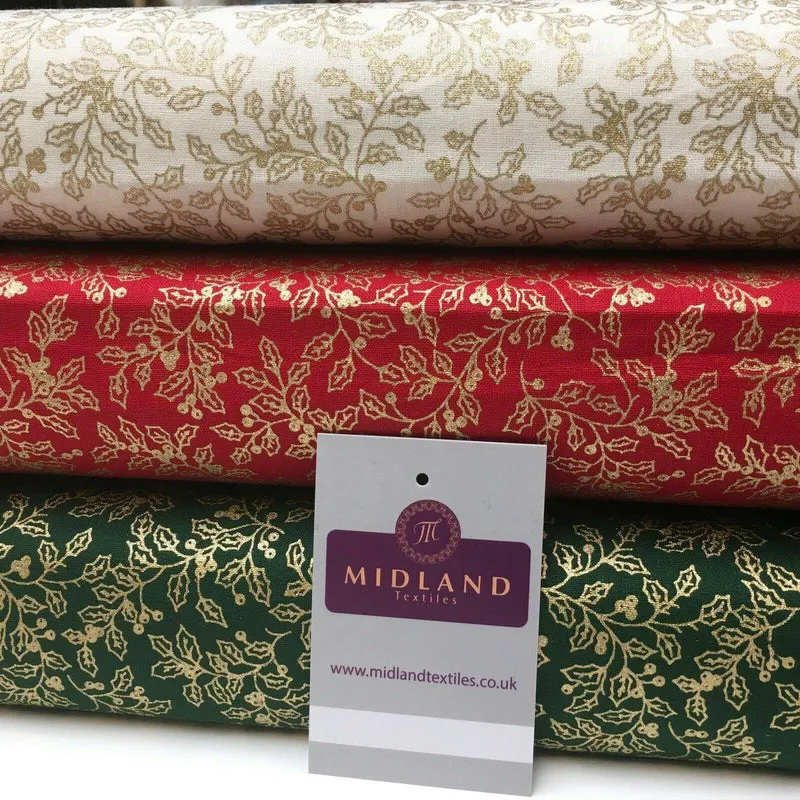 Vintage Christmas Mistletoe 100% Cotton Gold foil Print Fabric 110cm MK1220