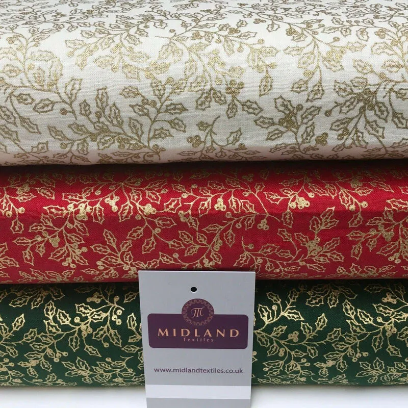Vintage Christmas Mistletoe 100% Cotton Gold foil Print Fabric 110cm MK1220