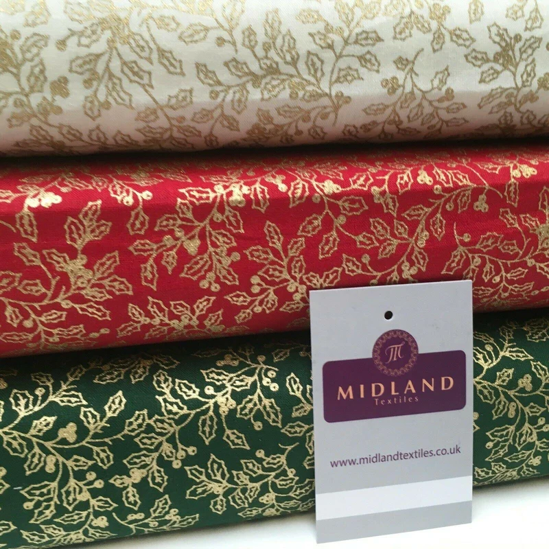Vintage Christmas Mistletoe 100% Cotton Gold foil Print Fabric 110cm MK1220
