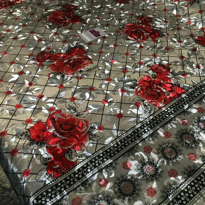 Metallic Silver Floral border Wipe clean table cover Fabric 139 cm M1204 Mtex
