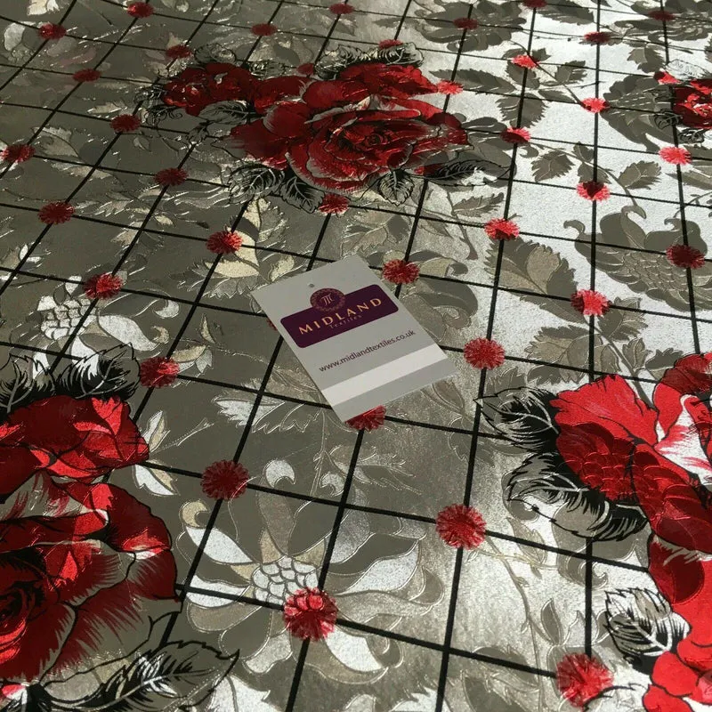 Metallic Silver Floral border Wipe clean table cover Fabric 139 cm M1204 Mtex