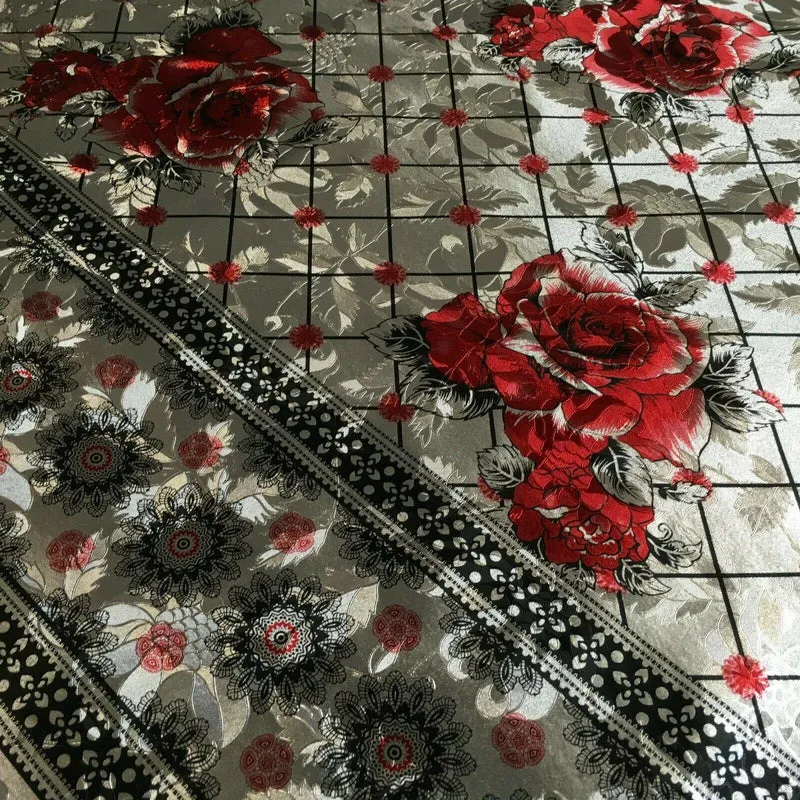 Metallic Silver Floral border Wipe clean table cover Fabric 139 cm M1204 Mtex