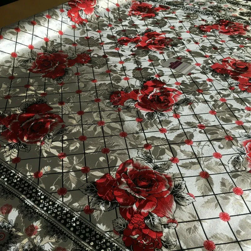 Metallic Silver Floral border Wipe clean table cover Fabric 139 cm M1204 Mtex
