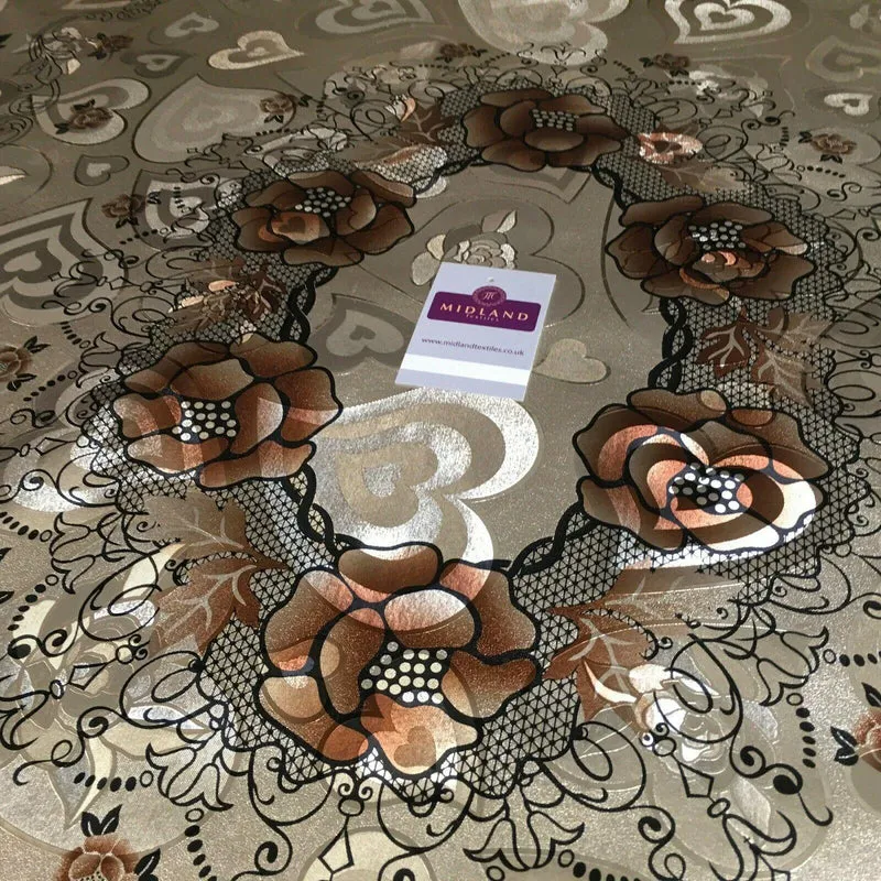 Metallic Gold Hearts Floral Border Wipe clean table cover Fabric 139cm M1204-2