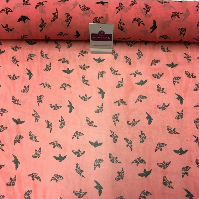 Rose Pink Bird silhouette Printed Crepe chiffon Dress Fabric 150 cm MK1190-19