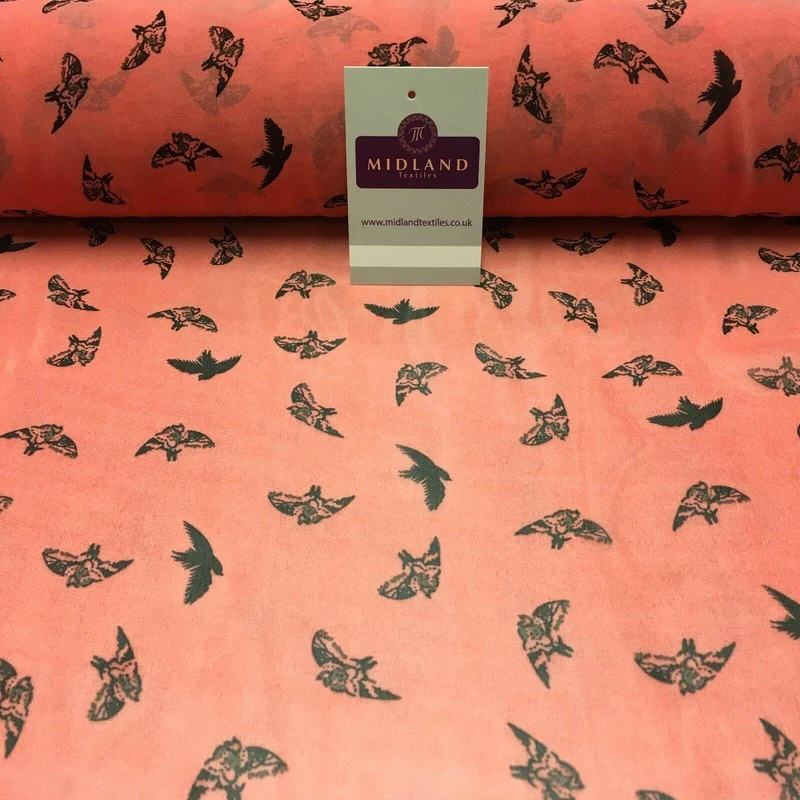 Rose Pink Bird silhouette Printed Crepe chiffon Dress Fabric 150 cm MK1190-19