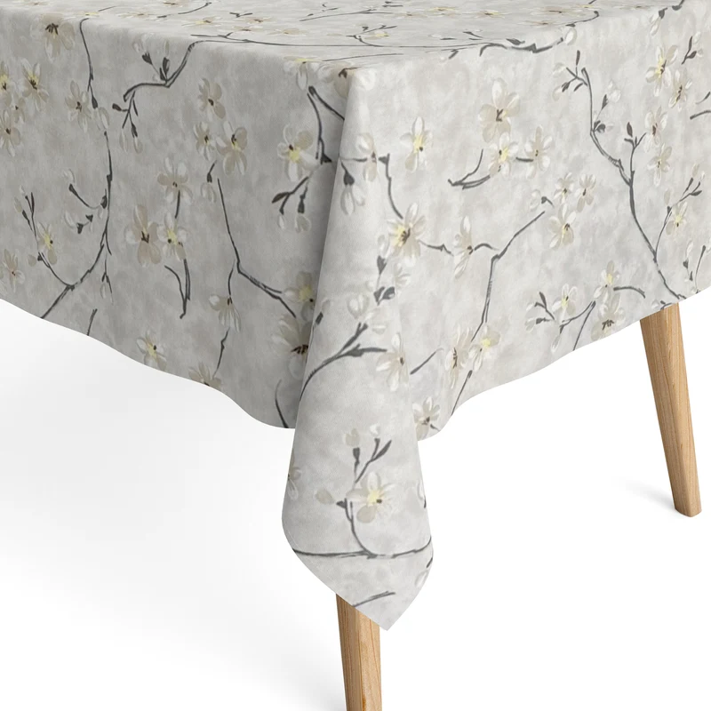 Jacquard Tischdecke aus beschichteter Baumwolle mit Fleckenschutz MURAKAMI grau Kirschblüte eckig rund oval