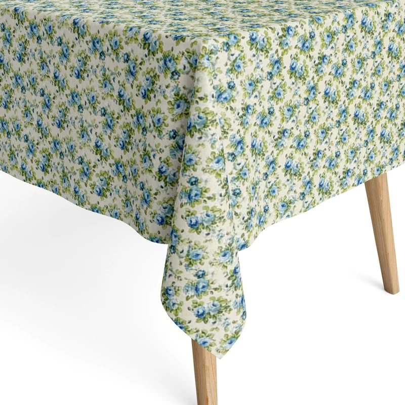 Jacquard Tischdecke aus beschichteter Baumwolle mit Fleckenschutz DOROTHY blaue Rosen Blüten eckig rund oval