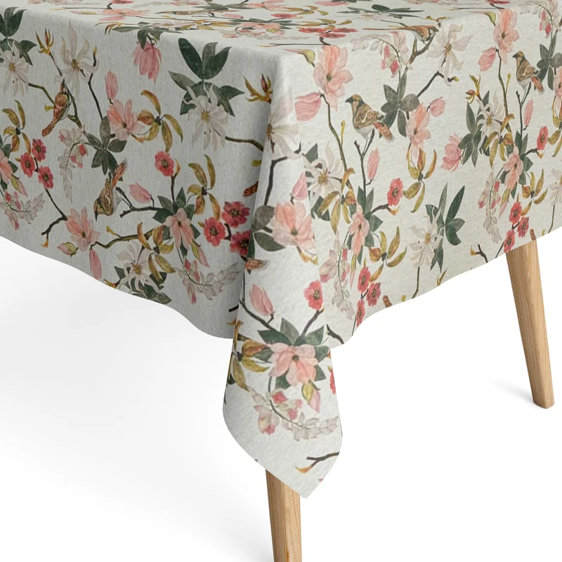 Jacquard Tischdecke beschichtete Baumwolle 160 cm Breite DP546 Magnolie Blüten Vogel eckig rund oval