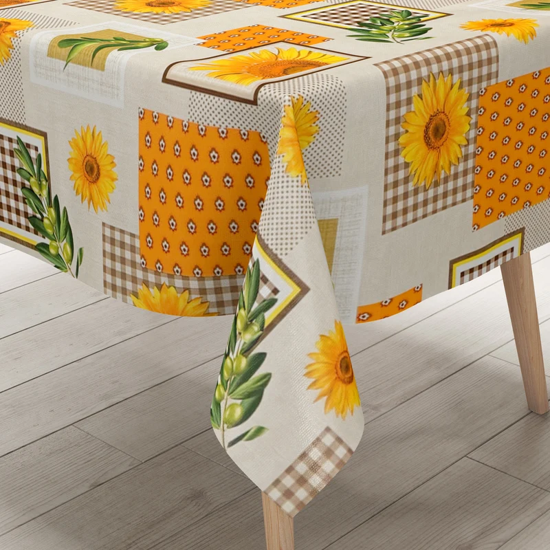 Wachstuch Tischdecke K247A beige Sonnenblumen Oliven kariert Patchwork eckig rund oval